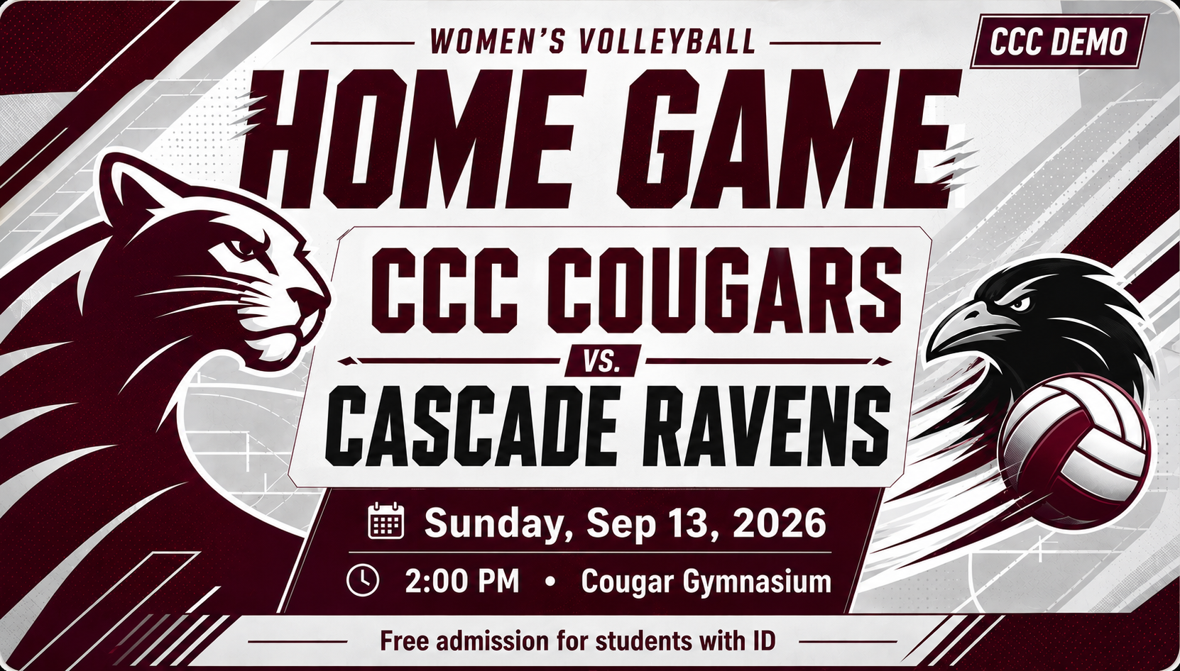 CCC Cougars home volleyball game vs. Cascade Ravens, Sunday Sep 13, 2026, 2 PM, Cougar Gymnasium